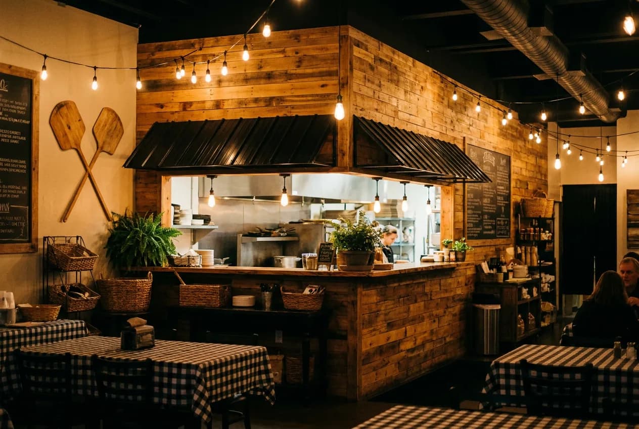 Nicky & Ants market eatery interior with an open kitchen and warm string lights