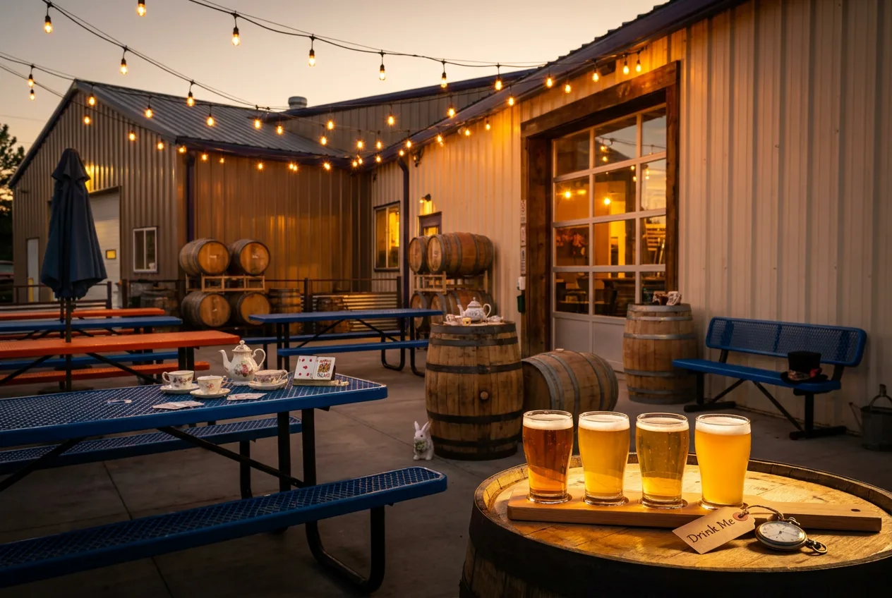 Wonderland Brewing taproom patio at dusk with a craft beer flight