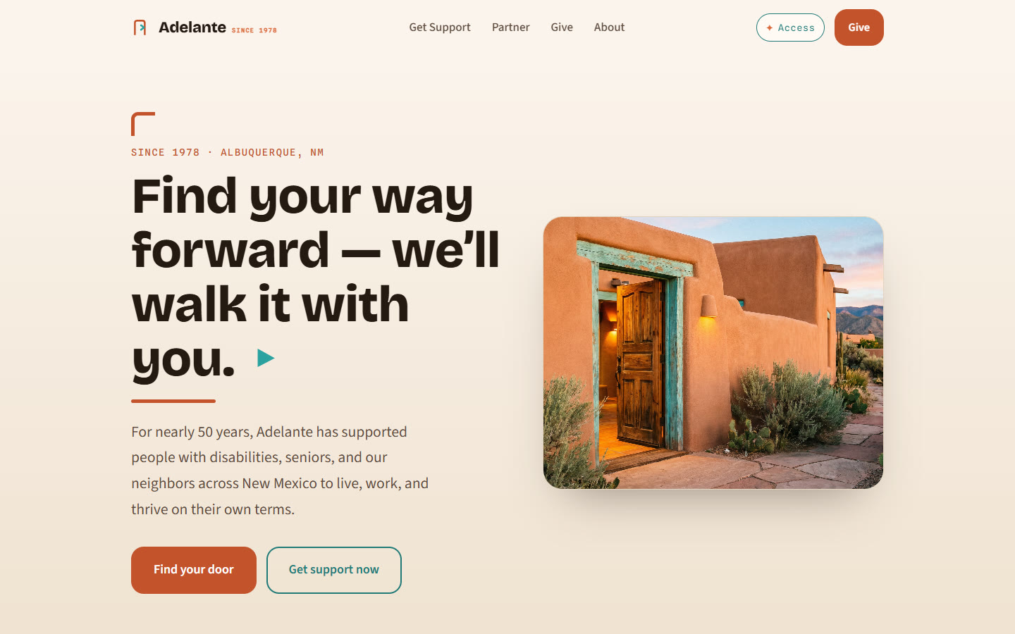 Adelante Development Center — concept homepage on desktop