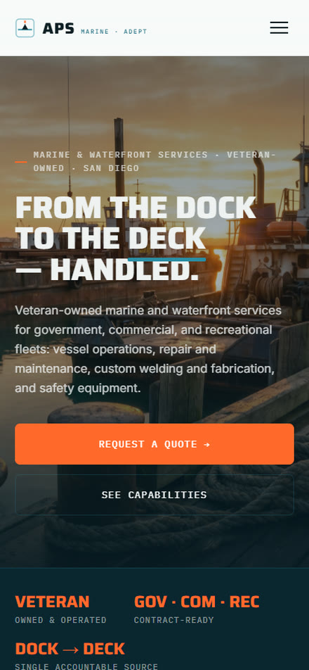 APS Marine · Adept Process Services — concept homepage on mobile