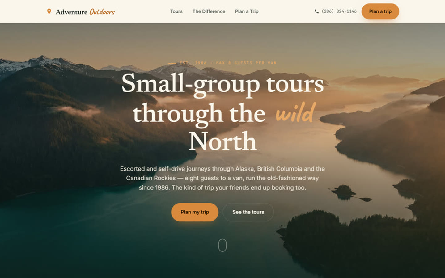 Adventure Outdoors Tours — concept homepage on desktop