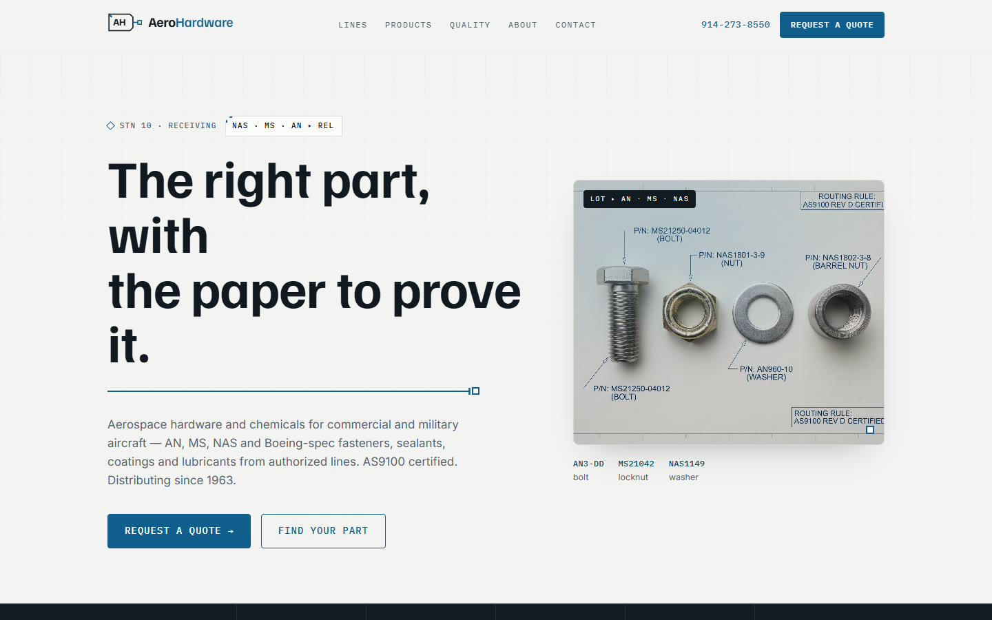 Aero Hardware & Parts — concept homepage on desktop