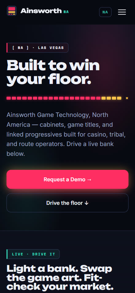 AGT · Ainsworth Game Technology — concept homepage on mobile