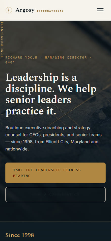 Argosy International — concept homepage on mobile