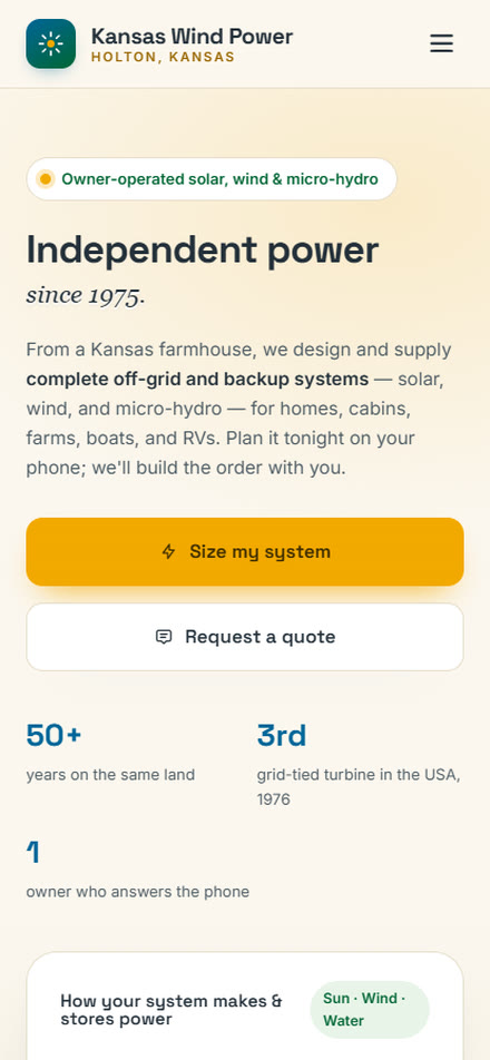 Kansas Wind Power — concept homepage on mobile