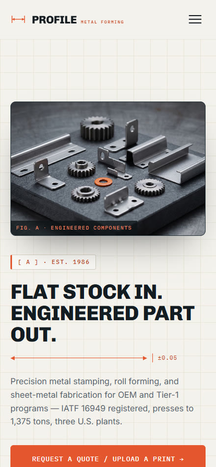 Profile Metal Forming — concept homepage on mobile