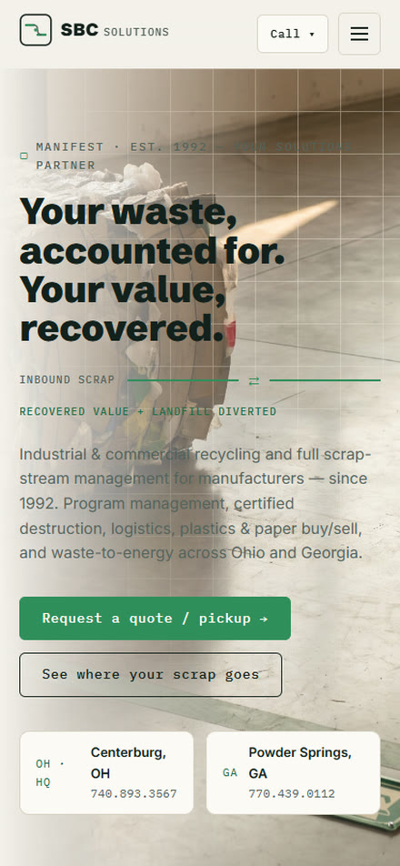 SBC Solutions Group — concept homepage on mobile