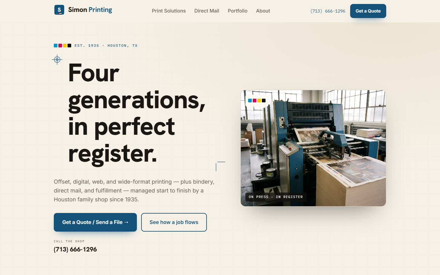 Simon Printing Company — concept homepage on desktop
