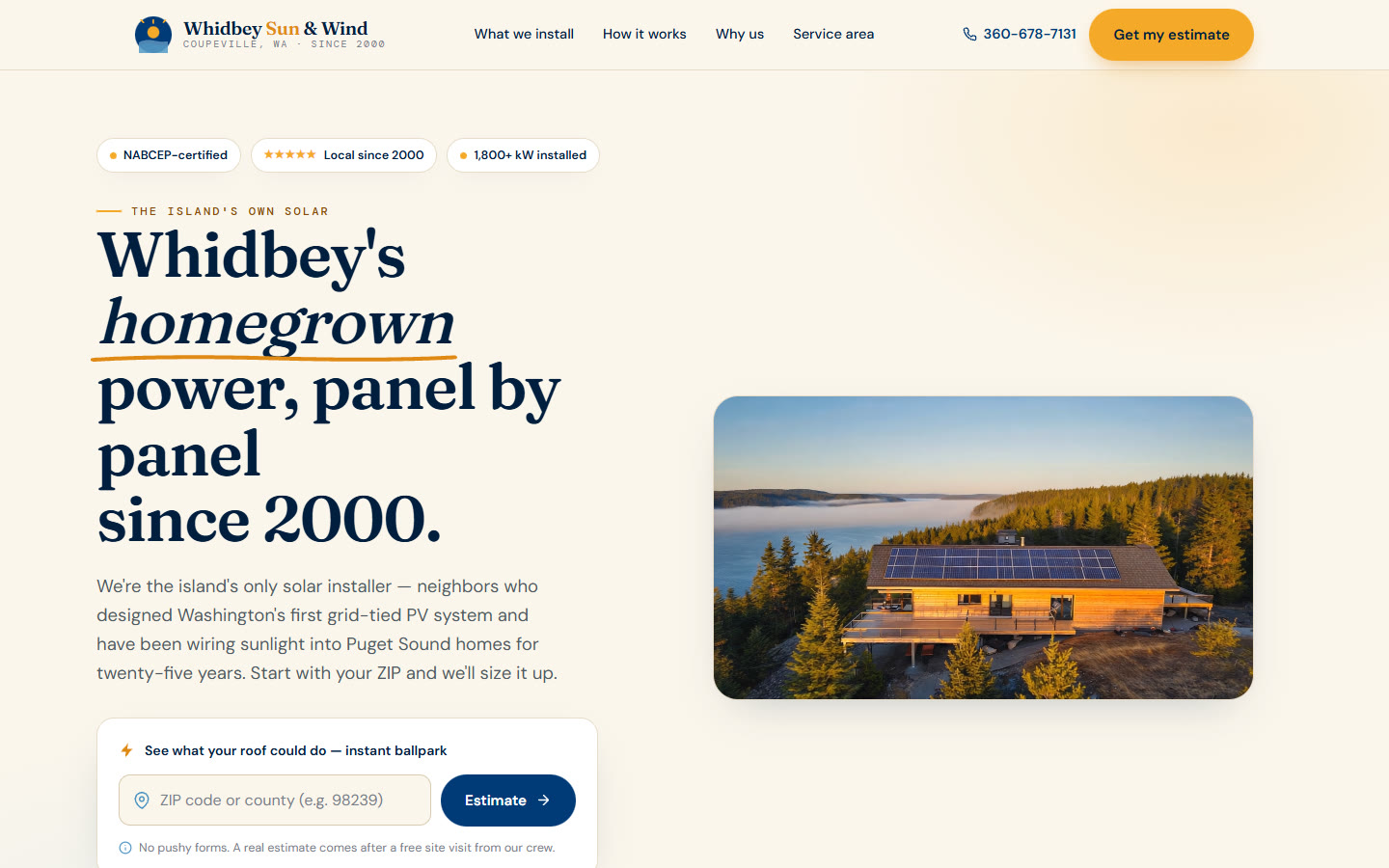 Whidbey Sun & Wind — concept homepage on desktop