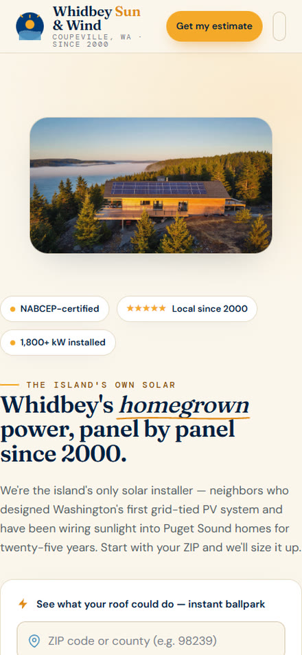 Whidbey Sun & Wind — concept homepage on mobile
