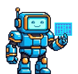 Chunky retro pixel-art planner-robot mascot with an azure blueprint